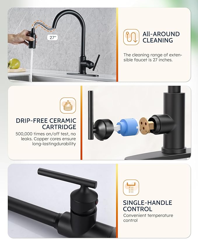 WOWOW Kitchen Faucets with Pull Down Sprayer, Matte Black Kitchen Sink Faucet with Sprayer, 304 Stainless Steel High Arc Single Handle Pull Down 3 Hole Black Bar Sink Water Faucets for Rv Sink Faucet
