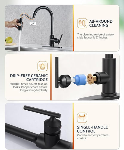 WOWOW Kitchen Faucets with Pull Down Sprayer, Matte Black Kitchen Sink Faucet with Sprayer, 304 Stainless Steel High Arc Single Handle Pull Down 3 Hole Black Bar Sink Water Faucets for Rv Sink Faucet