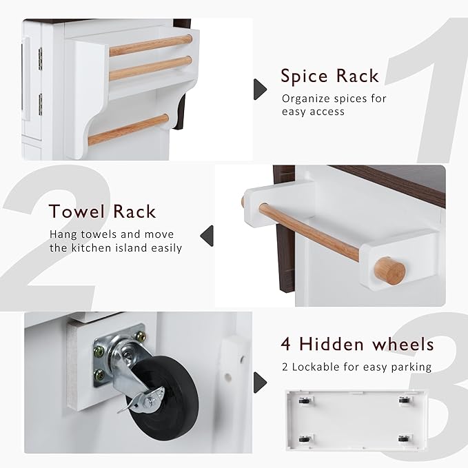 54.9" Kitchen Island with Drop Leaf and Drawers, Rolling Kitchen Cart with Shelves and Storage Cabinet, Kitchen Prep Table on Wheels with Power Outlet and Cross Barn Doors & Visual Glass Door White