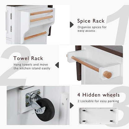 54.9" Kitchen Island with Drop Leaf and Drawers, Rolling Kitchen Cart with Shelves and Storage Cabinet, Kitchen Prep Table on Wheels with Power Outlet and Cross Barn Doors & Visual Glass Door White