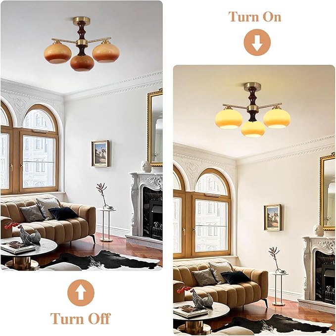 KCO Lighting 3 Light Glass Semi Flush Mount Ceiling Light Antique Brass Hallway Ceiling Light Fixtures Gold Sputnik Chandelier Light Fixture