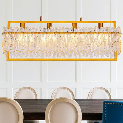MantoLite Dining Room Light Fixture Modern Rectangle Golde Crystal 4-Light Chandeliers for Dining Room 25" Linear Farmhouse Lighting Fixture for Kitchen Island Light Living Room