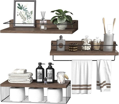 PopiShelves 22.5 inches Bathroom Shelves Over Toilet for Wall, Floating Shelves with Storage Basket Paper Holer for Kitchen Living Room, Bedroom & Classroom, Set of 3 (Dark Brown)