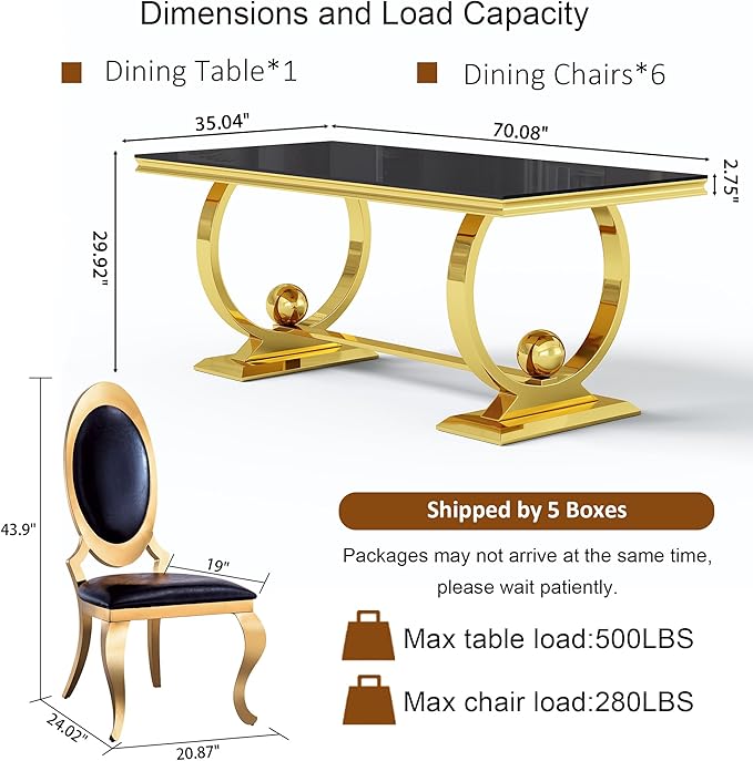 7-Piece Modern Luxury Dining Table Set, 70" Black Tempered Glass Kitchen Table with Gold Polished Stainless Steel U-Shaped Pedestal Base and 6 Black Oval High-Back PU Leather Chairs for Dining Room