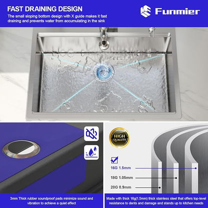 30 x 22 Drop In Kitchen Sink - 30 Inch Stainless Steel Topmount Kitchen Sink Workstation 16 Gauge Single Bowl Above Counter Handmade Basin