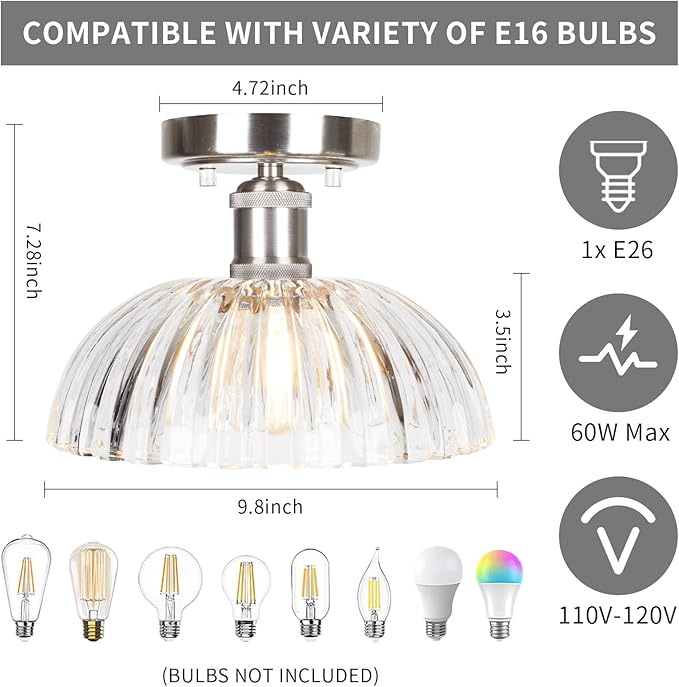 JYZ Semi Flush Mount Ceiling Light, Brushed Nickel Ceiling Light Fixture with Ribbed Glass Shade, Vintage Light fixtures for Hallway, Entryway, Bathroom, Kitchen, Bedroom