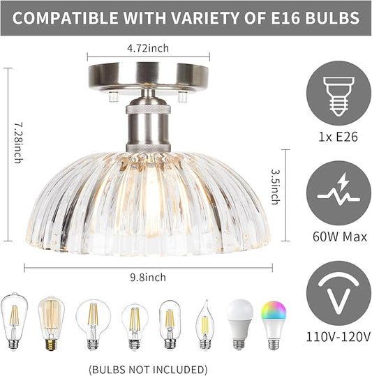 JYZ Semi Flush Mount Ceiling Light, Brushed Nickel Ceiling Light Fixture with Ribbed Glass Shade, Vintage Light fixtures for Hallway, Entryway, Bathroom, Kitchen, Bedroom