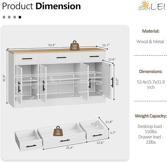 SUNLEI Buffet Cabinet with Storage, Farmhouse Storage Cabinet with 4 Doors and 3 Drawers, Coffee Bar Station Wood Buffet Table with Adjustable Shelf for Living Room, White