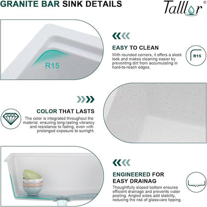 18 Inch Undermount Bar Sink Workstation - White Granite Composite All-In One Single Bowl Classic Quartz Wet Prep Sink with Cutting Board for Kitchen Bar, RV, Boat, and Outdoor, #TLGU-131