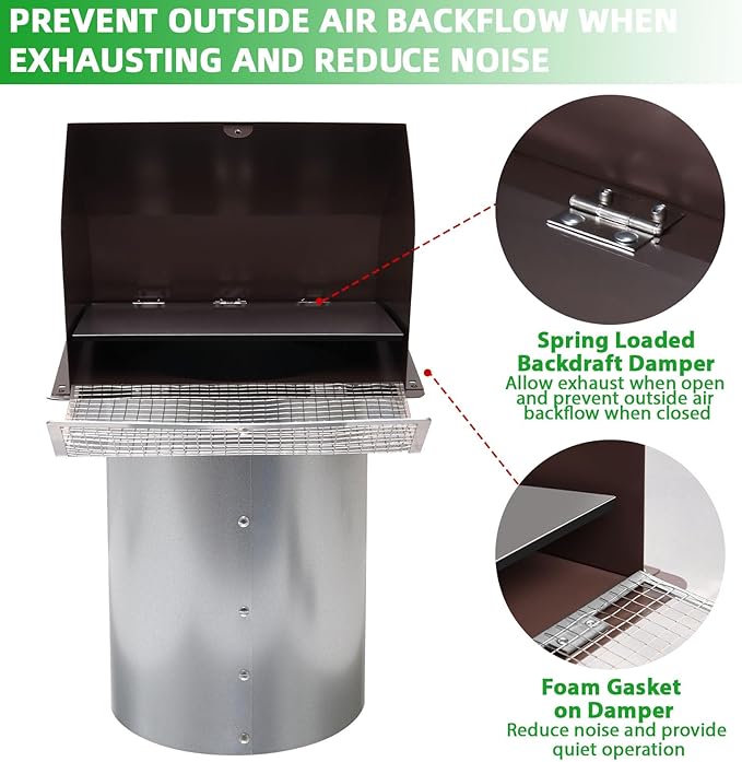 4 Inch Dryer Vent Cover Outside Hooded Wall Vent with Screen and Damper, Exhaust Vent Wall Mount Exterior Wall Vents Cover Cap for Dryer Ventilation&Outdoor Air Exhaust,Galvanized Steel,Brown