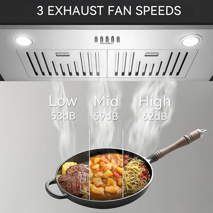 Hermitlux 30 inch Built-in/Insert Range Hood, 600 CFM 3 Speed Vent Hood, Ducted/Ductless Convertible, Stainless Steel Range Hoods with Bright LED Light, Baffle Filters and Charcoal Filters