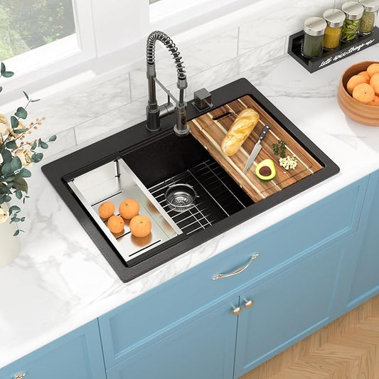 Sarlai Granite Composite Kitchen Sink - 33"x22" Drop In Kitchen Sink Matte Black Ledge 33 Inch Workstation Granite Quartz Composite Top-Mount Single Bowl Sinks Basin with Accessories