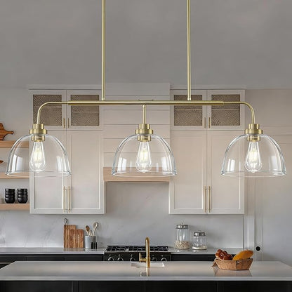 Dining Room Light Fixtures over Table, Large Kitchen Island Lights Modern Farmhouse Chandelier Vintage Brushed Gold Rectangle Chandelier Light Fixture with 3 Big Clear Glass Dome,Height Adjustable
