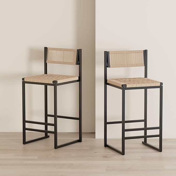 Modern Dining Chairs,Elegant American Design,Offering & Stylish,Hand Woven Paper Rope Bar Stools Set of 2,Solid Wood Frame Counter Height with Metal Legs for Island,Farmhouse Furniture,Honey-PaperRope