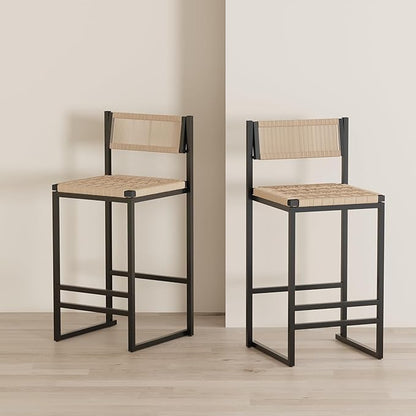 Modern Dining Chairs,Elegant American Design,Offering & Stylish,Hand Woven Paper Rope Bar Stools Set of 2,Solid Wood Frame Counter Height with Metal Legs for Island,Farmhouse Furniture,Honey-PaperRope
