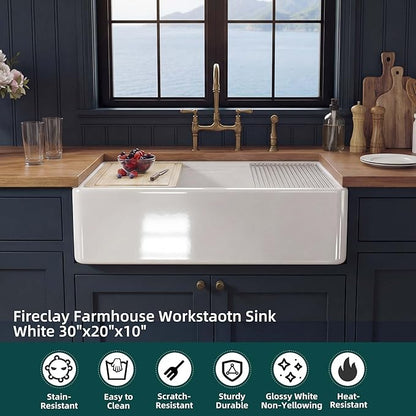Miuara Farmhouse Workstation Sink 30 Inch for Kitchen - White Apron Front Fireclay Kitchen Sink Reversible 30"x20"x10", Farm House Style Heavy Duty Deep Single Bowl