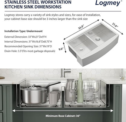 Logmey 33 Inch Farmhouse Sink Double Bowl 50/50 Sink 33x21 Inch Stainless Steel Apron Front Kitchen Sink Ledge Workstation Low Divide Double Bowl 50/50 16 Gauge Farm Kitchen Sinks