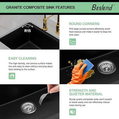 28 Granite Composite Kitchen Sink - 28x19 Inch Black Granite Kitchen Sink Undermount Black Quartz Sinks Ledge Workstation Classic Under Counter Single Bowl Basin