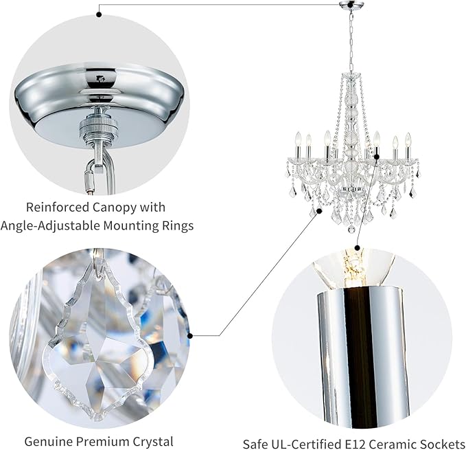 WUZUPS 8-Light Crystal Candle Chandelier Pendant Ceiling Light Modern Lighting Fixture for Bedroom Hallway Bar Kitchen Bathroom, H 35.4" W 27.6", E12 Base, Chrome