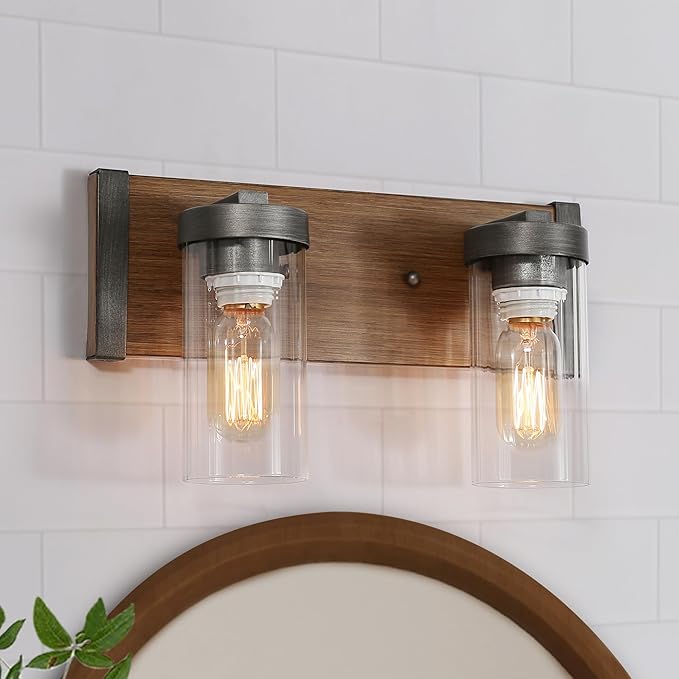 LOG BARN Rustic Bathroom Light Fixtures, 2 Light Farmhouse Vanity Lights for Bathroom with Clear Textured Glass Lampshade, 14 Inch Faux Wood Bathroom Lighting Lights Over Mirror