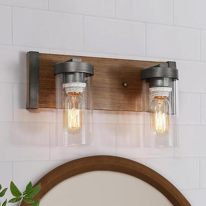 LOG BARN Rustic Bathroom Light Fixtures, 2 Light Farmhouse Vanity Lights for Bathroom with Clear Textured Glass Lampshade, 14 Inch Faux Wood Bathroom Lighting Lights Over Mirror