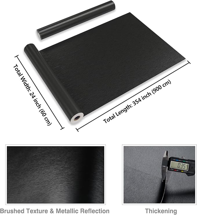 CRE8TIVE 24"x354" Brushed Black Stainless Steel Contact Paper Wide Thick Black Wallpaper Peel and Stick Waterproof Removable Self Adhesive Metallic Vinyl Paper for Kitchen Appliances Dishwasher Fridge