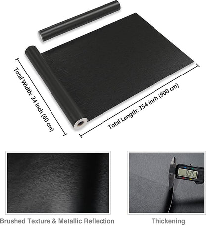 CRE8TIVE 24"x354" Brushed Black Stainless Steel Contact Paper Wide Thick Black Wallpaper Peel and Stick Waterproof Removable Self Adhesive Metallic Vinyl Paper for Kitchen Appliances Dishwasher Fridge