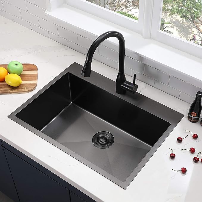VAPSINT 28 Inch Black Drop In Kitchen Sink, 28x18 Inch Top Mount 16 Gauge Comemercial Stainless Steel Gunmetal Black Handmade Single Bowl Sink for Kitchen with Drain Strainer
