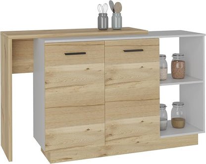 GOWE Kitchen Island, Double Door Cabinets, Two External Shelves, Three Shelves, White/Light Oak