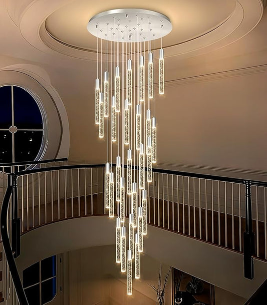 HAIXIANG W27.5 x H177 Large Glam Chandelier Bubble Crystal Ceiling Chandeliers Remote Dimmable LED Light High Ceiling Pendants Light Fixtures Adjustable Long Lights 28-Lights Silver Lamp