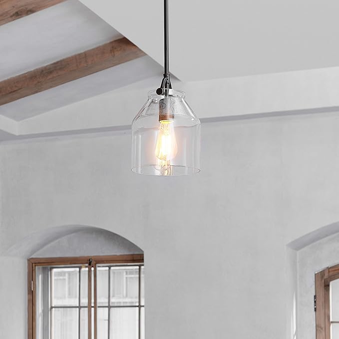 Globe Electric 67000097 1-Light Pendant Light Fixture, Matte Black, Clear Glass Shade, Adjustable Hanging Height Rods, Kitchen Island Lighting, Modern Farmhouse, Dimmer Switch Compatible