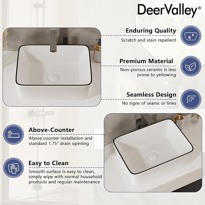 DeerValley Liberty 16x12 Inch Rectangular Vessel Sink, White Ceramic Bathroom Sink with Black Striped Border, Above Counter Basin, DV-1V0317