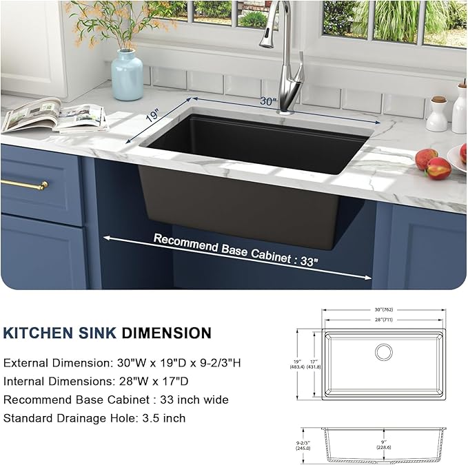 Lordear 30 Black Undermount Kitchen Sink Granite Composite 30X19 Inch Undermount Workstation Sinks Quartz Black Deep Single Bowl Sink