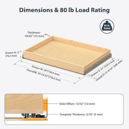 Pull Out Drawers for Cabinets - Birch Wood Pull-Out Drawer 29" W x 21" D - Soft Close Slide Out Shelves for Kitchen Cabinets & Pantry Cabinet Organizer, Heavy Duty, Full-Extension