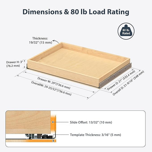 Pull Out Drawers for Cabinets - Birch Wood Pull-Out Drawer 29" W x 21" D - Soft Close Slide Out Shelves for Kitchen Cabinets & Pantry Cabinet Organizer, Heavy Duty, Full-Extension