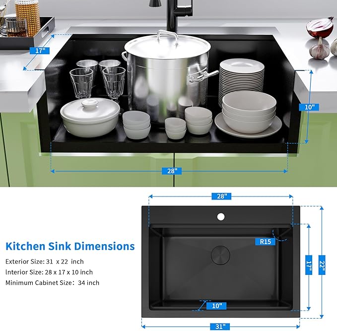 Black Drop In Kitchen Sink 31" X 22",Top Mount 16 Gauge Stainless Steel Workstation Sink,Deep & Large Single Bowl Kitchen Sinks (Black, 31" X 22")
