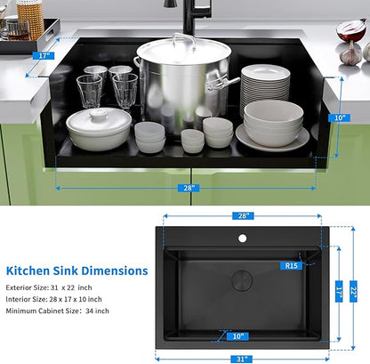 Black Drop In Kitchen Sink 31" X 22",Top Mount 16 Gauge Stainless Steel Workstation Sink,Deep & Large Single Bowl Kitchen Sinks (Black, 31" X 22")