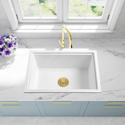 White Undermount Kitchen Sink 25 Inch - Drop In Granite Quartz Composite Workstation Sink - Deep Single Bowl,Dual Mount,with Accessories(White, 25.59" X 17.72")