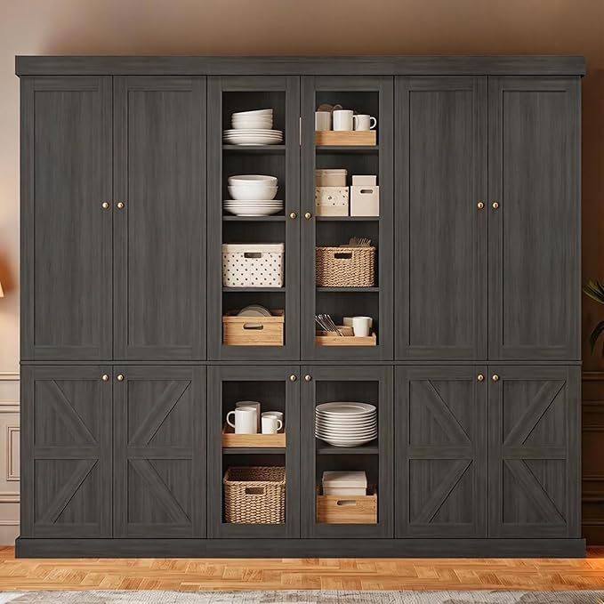 70.8" Tall Farmhouse Kitchen Pantry Cabinet with Glass Doors, Modular Storage Cabinet with 6-Tier Adjustable Shelves, Large Storage Cabinet for Kitchen or Living Room, Set of 3, Black