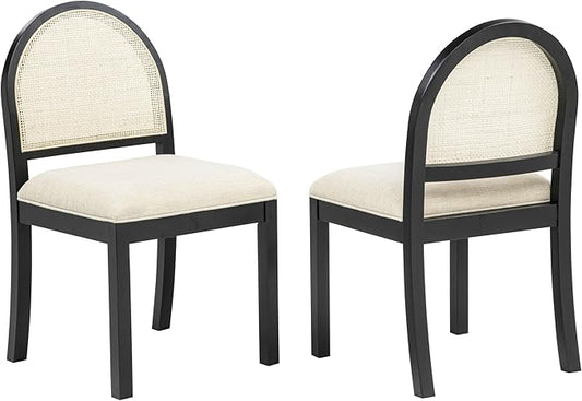 Daxon 36" High Dining Chairs French Country Beige Rattan Cane Back Beige Padded Fabric Seat Black Solid Wood Frame Kitchen Island Dining Furniture Stationary Side Chair, Set of 2 - Beige/Black