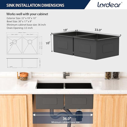 Lordear Double Bowl Black Kitchen Sink 16 Gauge Stainless Steel Undermount Kitchen Sinks Matte Gunmetal Black 50/50 Round Corner Sink 33x19x10 Inch