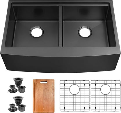 Black Double Farmhouse kitchen Sink,16-Gauge SUS304 Stainless Steel Farm Sinks, 50/50 Apron Front Features Workstaion Sink With Accessories,33''×20''×10" Large and Deep Double Kitchen Sinks