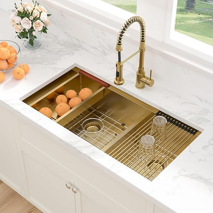 Sarlai 36 Inch Gold Undermount Kitchen Sink Double Bowl Large Workstation Low Divided Gold Stainless Steel Sink 16 Gauge 60/40 Sinks Double Basin