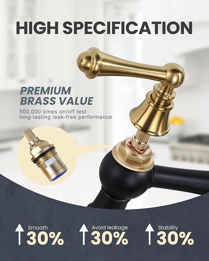 WOWOW Bridge Kitchen Faucet with Side Sprayer, Solid Brass Kitchen Sink Faucet Black and Gold, 4 Hole Two Handle Centerset Mixer Taps Farmhouse Style