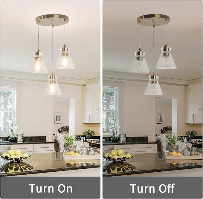 Gold Kitchen Island Pendant Light, 3-Light Farmhouse Chandelier with Seeded Glass Shades, Adjustable Hanging Light for Dining Room,Bedroom