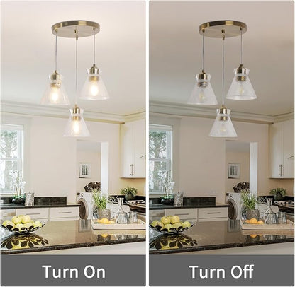 Gold Kitchen Island Pendant Light, 3-Light Farmhouse Chandelier with Seeded Glass Shades, Adjustable Hanging Light for Dining Room,Bedroom