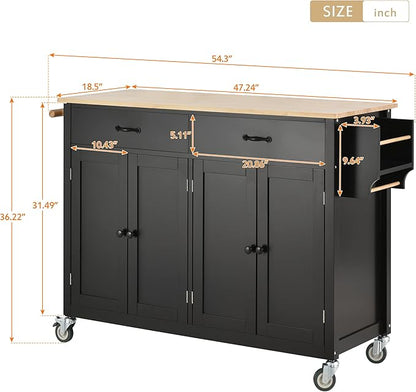 Favfurish Kitchen Island Cart on Locking Wheels with 4 Cabinet and 2 Drawers, Rolling Coffee Bar Trolley w/Solid Wood Tabletop, Adjustable Shelves, Spice & Towel Side Rack, for Dining Room, Black