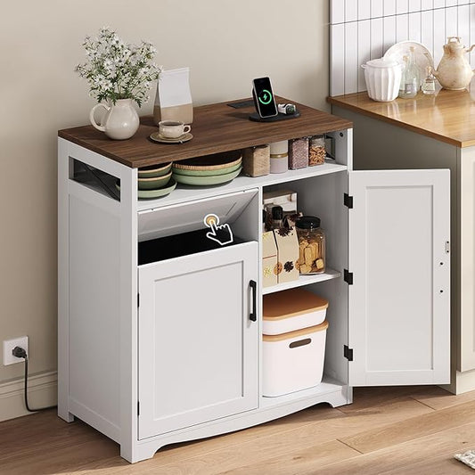 YATINEY Trash Can Cabinet with Power Outlet, 10-Gallon Hidden Kitchen Garbage Bin Cabinet with Adjustable Shelf, Wooden Recycling Cabinet for Kitchen, Dining Living Room, White and Walnut WB04UWH