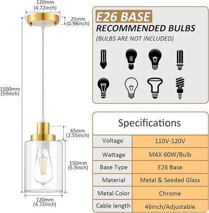 Industrial Pendant Lighting, Modern Clear Glass Shade Pendant Lights, Adjustable Hanging Light Fixtures, Farmhouse Pendant Lighting for Kitchen Island Living Room Bedroom Hallway 3-Pack (Gold)