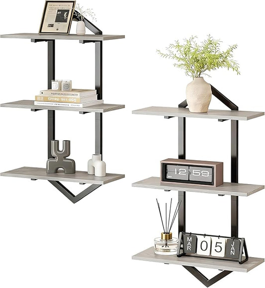 3 Tier Floating Shelves, Set of 2 Wall Shelves for Living Room, Modern Geometric Wooden Shelf for Wall Decor, Hanging Storage Shelf for Bedroom Bathroom Kitchen Home Office (Greige + Black)